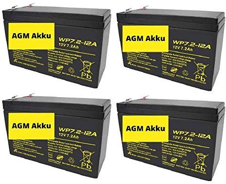 4X AGM 12V 7,2Ah Bleiakku WP7.2-12 VDs Akku, Faston 6,3mm kompatibel Bleigel Gel Akku 7Ah 8Ah 9Ah USV