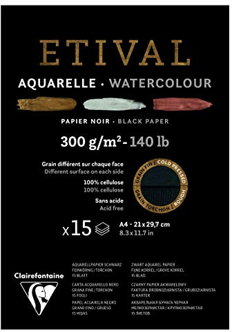 Clairefontaine - Ref 975318C - Etival Cold Pressed Black Watercolour Painting & Drawing Pad (15 Sheets of Paper) - A4 (29.7 x 21cm) - 300gsm Cellulose Art Paper