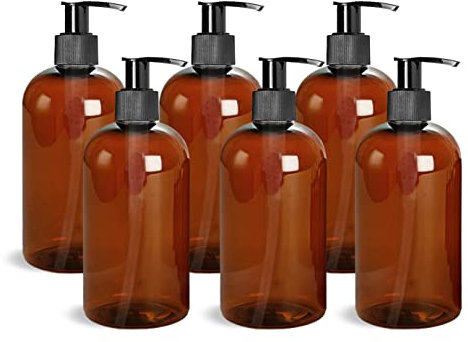 Ljdeals Bouteille en plastique ambre avec pompe à lotion noire, lot de 6, sans BPA, approuvé par la FDA, fabriqué aux USA, 6 étiquettes imperméables en bonus