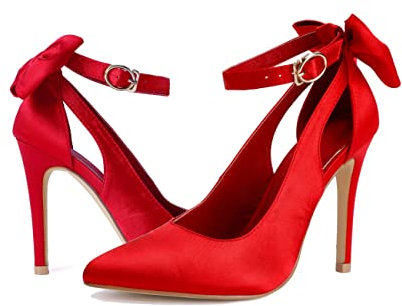 Fashare Womens High Heels Bow Tie Back Sexy Stiletto Ankle Strap Wedding Dress Pumps Shoes, A-satin Red, 5.5 UK