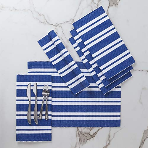 Encasa XO Platzsets Esstisch Set von 6 | Franca Blue Stripes | Fein gerippte Baumwoll-Tischunterlage | Größe 48x32 cm | Maschinenwaschbar