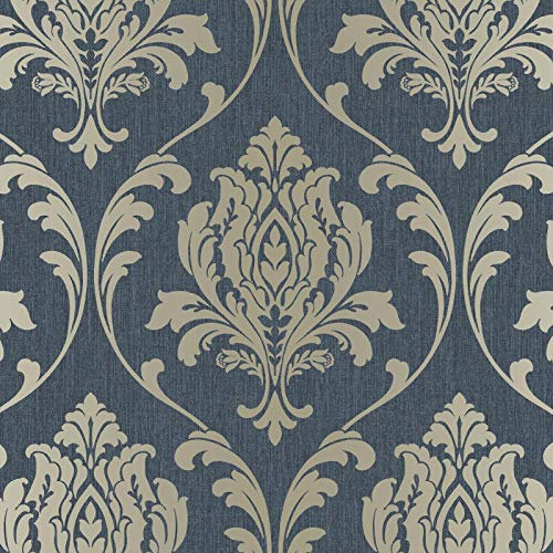 Highgrove Damask Duplex Wallpaper Navy/Gold Rasch 274997