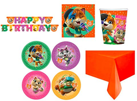 Zeus Party Kit Coordinato per Feste Compleanno 44 Gatti Piatti, Bicchieri, Tovaglioli, Tovaglia e Festone (per 32 Persone)