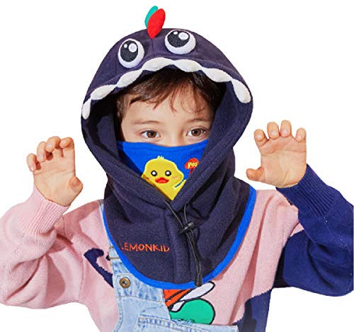 TRIWONDER Cagoule Enfant Polaire Hiver Cache Cou Bonnet Écharpe Chapeau Tour de Cou Animal Mignon Coupe-Vent pour Garçon Fille (B - Bleu Marin - Dinosaure)