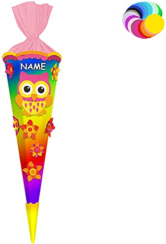 alles-meine.de GmbH Bastelset - Schultüte Farbe & Größe wählbar 70/85 / 100 cm - lustige Eule & Blumen - inkl. Name - Farbe frei wählbar - Bastelschultüte - Zuckertüte zum ..