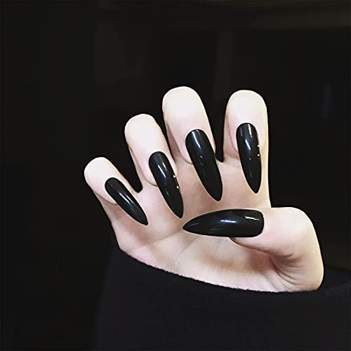 Yheakne Lot de 24 faux ongles extra longs noirs brillants à clipser - Style punk - Couverture complète - Faux ongles en acrylique - Pour femmes et filles - Noir