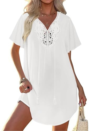 Ekouaer Strandkleider Damen Sommer Strandtunika V Ausschnitt Spitze Strandponcho Kurz Swimwear Cover Up Weiß L