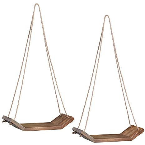 Navaris 2x Hängeregal aus Akazienholz - Deko Regal hängend - Wandregal aus Holz - mit Bändern aus Jute - Traglast 5kg - Holzregal Dunkelbraun