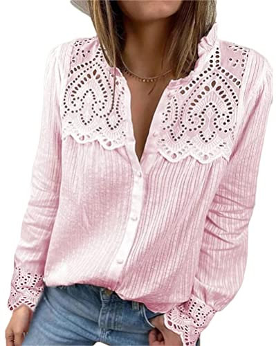 Minetom Tunique Femme Chemisier Top Elegant Col V Blouse Casual Dentelle Chemise Lâche Manche Longue Shirt D Rose L