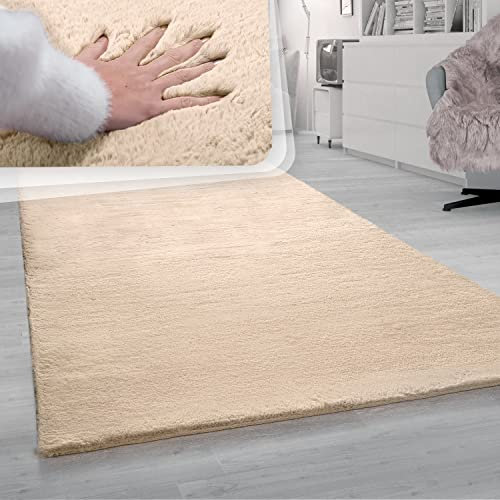 Paco Home Hochflor Teppich Wohnzimmer Schlafzimmer Fellteppich Kunstfell Fell Imitat Weich Modern Einfarbig Hell Beige Creme Sand, Grösse:140x200 cm
