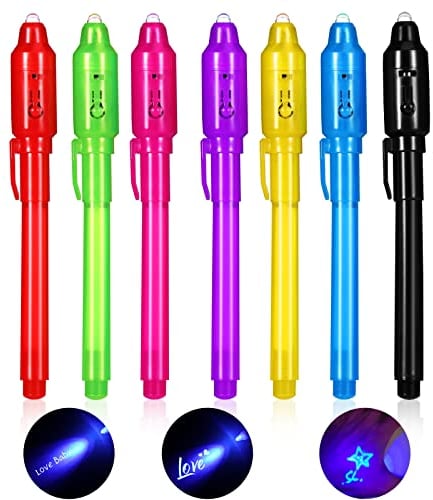 Oderra 7pcs Stylo Encre Invisible avec Lumiere UV, Stylo Espion pour écrire un Message Secret | Cadeau anniversaire enfants invites