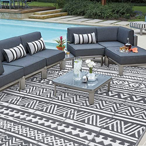 Enyhom Indoor Outdoor Reversible Area Rug 150 x 240 cm, Plastic Straw Rug RV Patio Mat Camping Rugs, Grey Large Floor Mat and Rug for Outside Backyard, Deck, Picnic, Beach, Trailer, Hiking