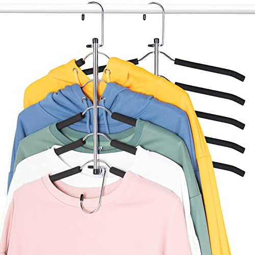 Clothes Hangers Space Saving Coat Hangers- Jeowoqao Non Slip Shirt Hangers with Padded Foam Stainless Steel 5 in 1 Organizer Heavy Duty Hangers for Hoodie Coat Sweater Suit T-Shirt (Black,2Pack)