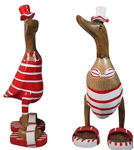 ART-CRAFT 2 statuette in legno di anatra, decorazione da giardino, in legno di bambù e teak, colore rosso, 25 cm di altezza