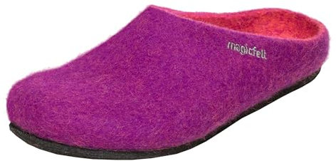 Magicfelt Filzpantoffeln 709 aus Mulesing-freier Merino-Schurwolle – Handgefertigte & anatomisch geformte Hausschuhe für Damen & Herren Größe EU 36-50 – Filzclogs mit Filz-Latex-Sohle Purple, 37