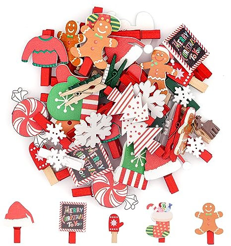 Ailvor Holzklammern Weihnachten, 46 Stück Wäscheklammer Holz, Klammern Weihnachten Klein, Zierklammern Dekoklammern für Fotos Party Weihnachten Dekoration Hochzeit