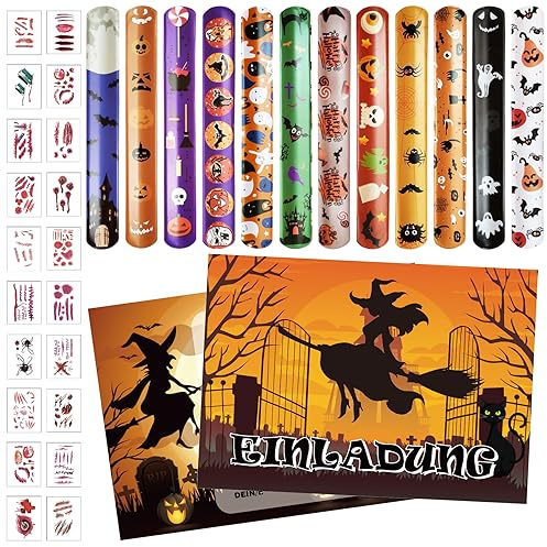 Giugio 12 Stück Halloween Einladungskarten, Partyzubehör mit 12 Schnapparmbändern für Kinder und 20 Tattoos, Kürbis-Hexe-Design für Halloween-Partys