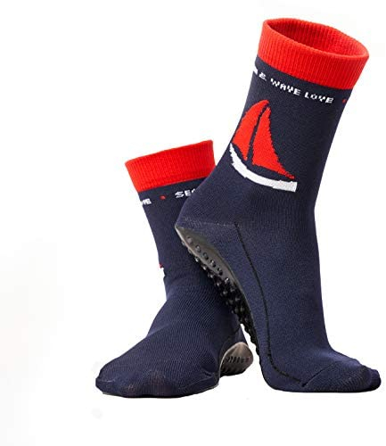 OceanSocks + EXTRA Tasche | rutschfeste Aqua-und Beachsocken für Strand, Wasser, Wattwanderung, Boot & Boards, Damen, Herren, Kinder,Schiff, 23-26