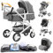 YAZOCO kinderwagen 3 in 1, Zusammenklappbar kinderwagen mit Wickeltasche,Komplettset Becherhalter,Moskitonetz, Fußabdeckung,Sitzzubehör (2 grau)
