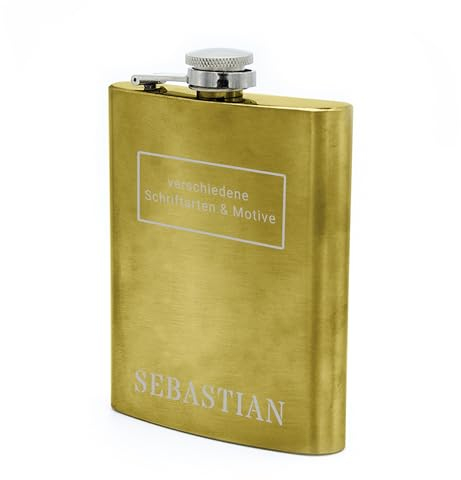 Flachmann mit Namens Gravur, Edelstahl, individuelle Geschenkidee zur Hochzeit, zum Geburtstag oder mehr! (gold)
