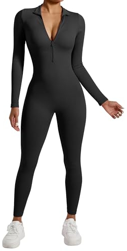 RXRXCOCO Gerippte Langarm Jumpsuits Damen mit Reißverschluss Eng Rundhalsausschnitt Einteiler Bauchweg Sport Yoga Overall Romper Schwarz L
