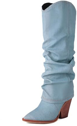 ErikenUrben Donna Denim Western Stivali Jeans Stivali sopra Il Ginocchio Alti Appuntito Fold Over Stivali Tacco Chunky Stivali Western Pull On Tab Slouchy Stivali LightBlue Dimensione 39 Asiatico