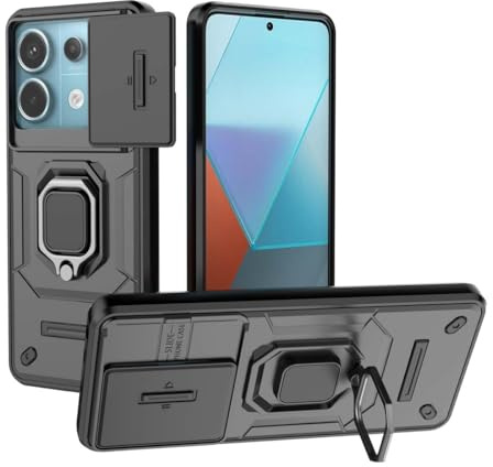 GOKEN Case for Xiaomi Redmi Note 13 Pro 5G / Poco X6 5G, Premium Soft Silicone & Durable PC Armor with Flexible 360° Rotating Ring & Slide-Cover Lens Protection - Black