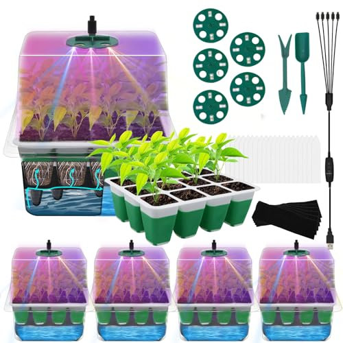 MQHUAYU Self Watering Seed Starter Tray with Grow Light, 5-Pack 60-Cell Reusable Seed Starter Kit with Soft Silicone, Plant Germination Trays with Humidity Dome for Seeding Planting Growing