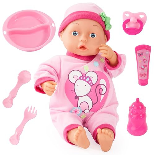 Bayer Design 93363AN Babypuppe 33 cm, spricht 24 Babylaute, mit Schnuller, Flasche und weiterem Zubehör