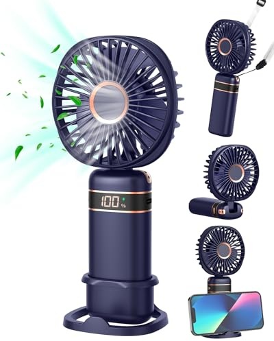 FAPPEN Mini Handheld Fan, Portable USB Hand Held Fan, Rechargeable 5 Speeds Folding Hand Fans with Base and Lanyard for Home Office Bedroom Outdoor Travel(Deep Blue)