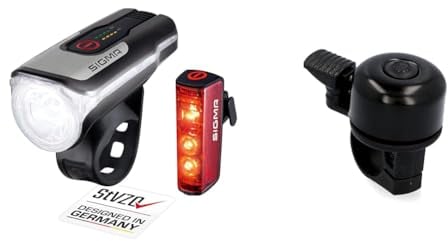 SIGMA SPORT - LED Fahrradlicht Set Aura 80 und Blaze | StVZO zugelassenes, akkubetriebenes Vorderlicht und Rücklicht mit Bremsfunktion, Rear & Fischer Mini Fahrradglocke, schwarz, One Size
