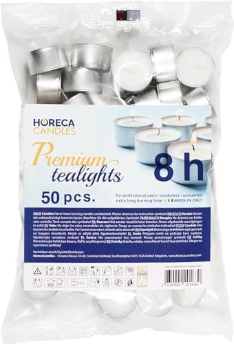 Horeca Candles - Lot de 50 Bougies Chauffe-plat - Longue Durée 8 Heures - Blanc - Sans Parfum - Bougies pour Décoration d'intérieur, Mariage, Parities