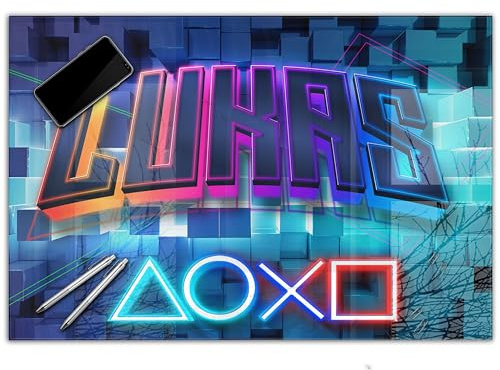 Gaming Schreibtischunterlage personalisiert mit Namen | 80 x 60 cm Neon 3D | wasserfeste Schreibunterlage, abwischbar, hochwertiges Acrylglas, Gamer Teenager Kunststoff