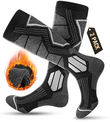 YESWEL Skisocken Herren & Damen aus Merino Wolle 2 Paar, Warme Thermosocken, Dicke Frottee Starker Schwarz Socken für Sport (43-46, 2 Paar | Schwarz)