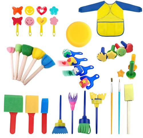 Mailfull Pinceaux Peinture Enfant 31 Pièces Enfants Eponge Peinture Pinceaux Outils Kit Peinture Enfant Bricolage mit Tablier Peinture Enfant pour Enfants pour Apprentissage Précoce Graffiti