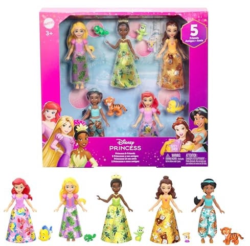 Mattel Disney Princess und Freunde Set mit 5 beweglichen kleinen Puppen mit abnehmbaren Röcken oder Hosen und 5 Freundefiguren, inspiriert von den Disney-Filmen, JBL33