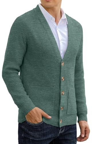 Sailwind Mens Long Sleeve Cardigan Autumn Chunky Knitted V Neck Button Cardigan Soft Cable Knit Sweater for Men (VG Green, XL)