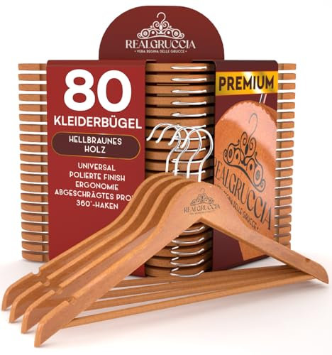 80 Kleiderbügel aus Holz Anti-Rutsch-Einkerbungen Holzbügel RealGruccia Farbe Hellbraun von Hosen Anzügen Hemden - Hosensteg Polierter Oberfläche Drehbaren Hakens und Abgeschrägte Profile - 22x45cm