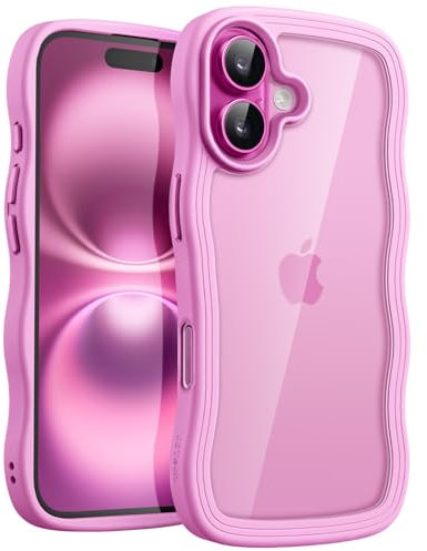 JETech Wavy Case for iPhone 16 6.1-Inch, Cute Wave Frame Curly Shape Shockproof Phone Cover for Women and Girls, Clear Hard PC Back (Pink)