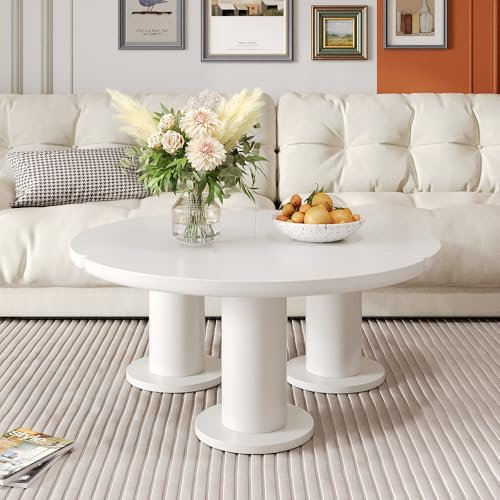 I0I&I0I Table basse ronde 100 cm, panneau MDF laqué, pieds cylindriques en PVC, construction stable, bords lisses pour la sécurité, style moderne, idéale pour le salon, montage facile (blanc)