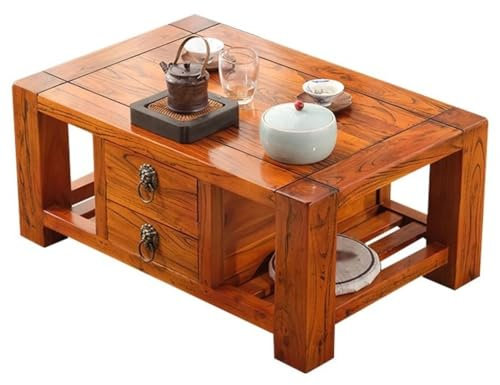 Kaffeetisch Couchtisch Mit Stauraum Rechteckiger Chinesischer Klassischer Stil Beistelltisch, Erkerfenster Alte Ulme Niedriger Tisch Mit Schublade, Keine Installation Erforderlich(60 * 40 * 30cm)