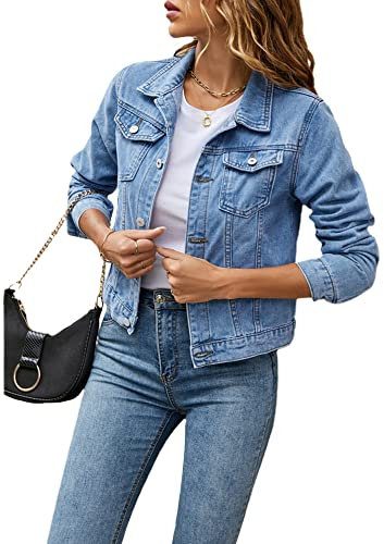 Fiacafyo Women's Denim Jackets Solid Color Button Down Coat Jacket Vintage Casual Long Sleeve Denim Jacket With Pockets (A-Light Blue, L)