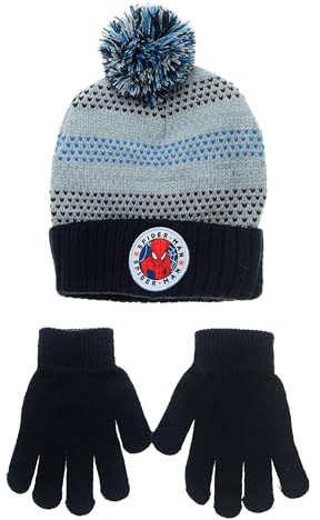 Marvel Spiderman Mütze und Handschuhe Kinder | Geschenke für Kinder | Bommelmütze | Beanie | Größen 52 und 54 | Spidey | für Jungen (Blau, 52)