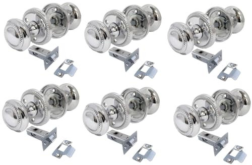 Epsom Door Handle Georgian Style Polished Chrome Round Door Knob Sets – Sprung Internal & External Mortice Knobs – Includes Tubular Latch – 6 Pairs