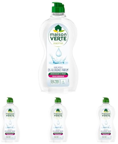 Maison Verte - Sensitive - Liquide Vaisselle - 0% Allergènes Parfum - Dégraissant à Froid - Pour Peaux Sensibles - 95% d'ingrédients d'origine naturelle - 500ml (Lot de 4)