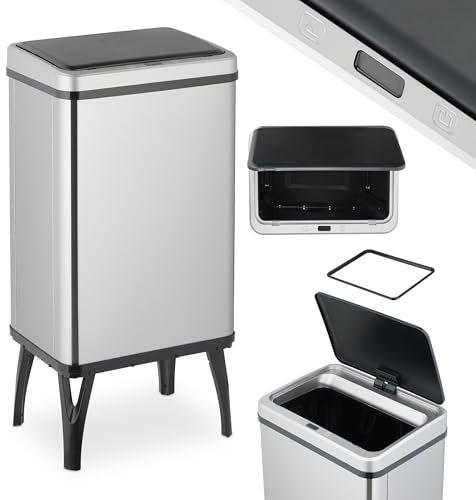 Relaxdays Poubelle Automatique, 40 litres, Couvercle électrique, avec Support pour Sac, Seau Cuisine, en INOX, argenté
