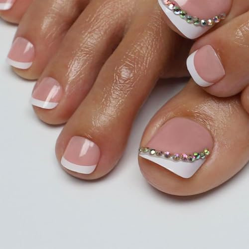 GlamRays 24 Pieces Toe Nail Stickers, Short French Tip False Toenails, Solid Square Toe Nail Stickers (French Diagonal)