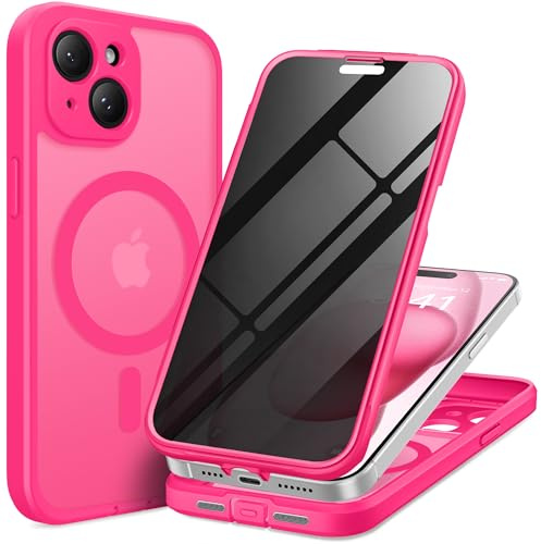 TIESZEN for iPhone 15 Plus Case, Compatible with MagSafe, Hot Pink | Built-in Privacy Screen Protector, Full Camera Protection，Full Body Dustproof Shockproof Hard Magnetic Phone Case 6.7