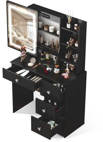 Dressing Table with Mirror and LED Lights, Black Vanity Desk with 4 Drawers, Sliding Mirror Makeup Desk with 7 Storage Shelves, Vanity Table Small Vanites Girls Bedroom Furniture Crystal Knobs
