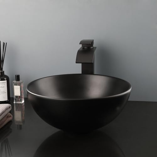 Kiciykc Lavabo redondo de cerámica negro 32x14cm para encimera de baño